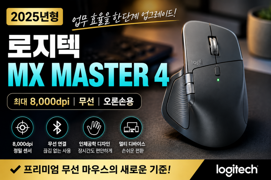 8,000dpi 정밀 감도와 인체공학적 설계를 갖춘 프리미엄 무선마우스 로지텍 MX MASTER 4 (MR0118) 제품 이미지