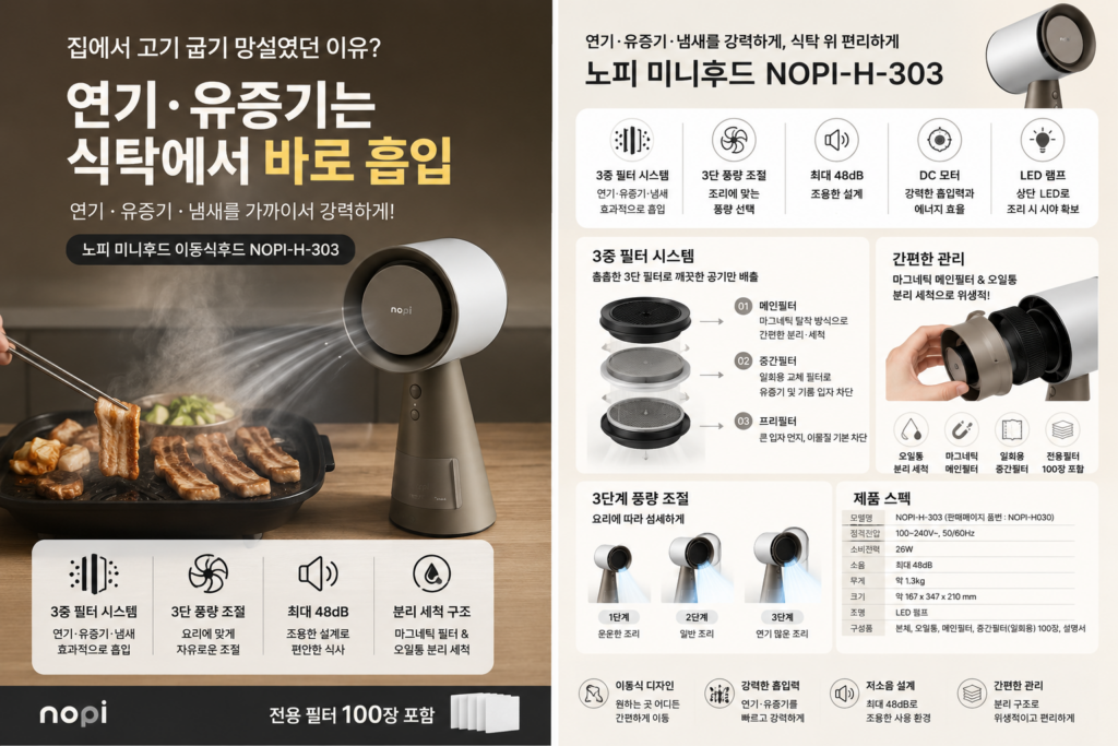3중 필터와 3단 풍량으로 식탁 위 연기·유증기·냄새를 가까이서 잡아주는 노피 이동식 미니후드 NOPI-H-303 제품 이미지