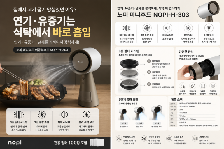 3중 필터와 3단 풍량으로 식탁 위 연기·유증기·냄새를 가까이서 잡아주는 노피 이동식 미니후드 NOPI-H-303